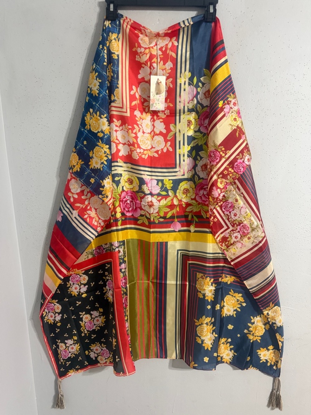 NWT 100% SILK Johnny Was Red Floral & Navy Scarf with Tassel Tag on 4 sides